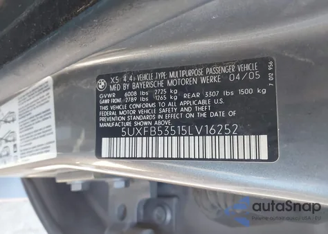 2005 BMW X5 4.4I из США, поврежденный, VIN 5UXFB53515LV16252